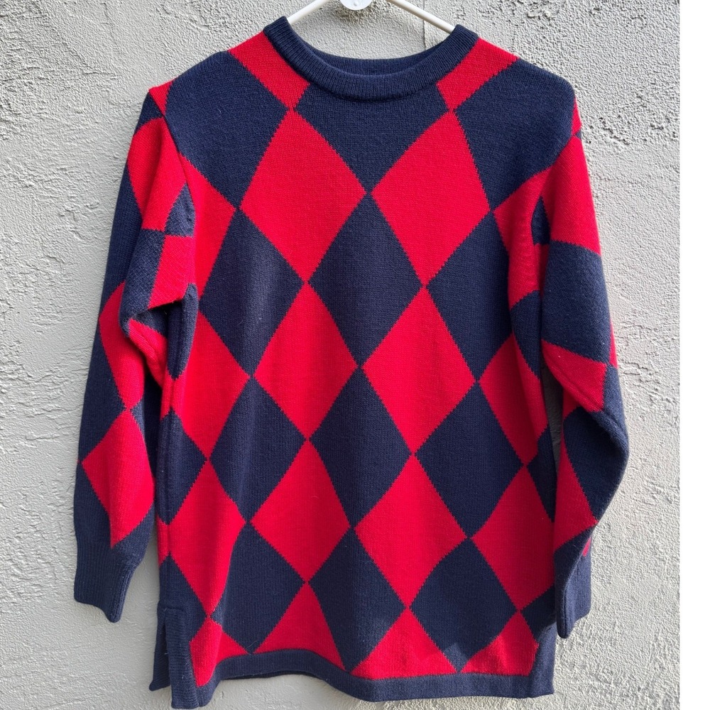 Vintage Liz Claiborne Womens Red Blue Diamond Wool Sweater SMALL Colorblock - Picture 4 of 6